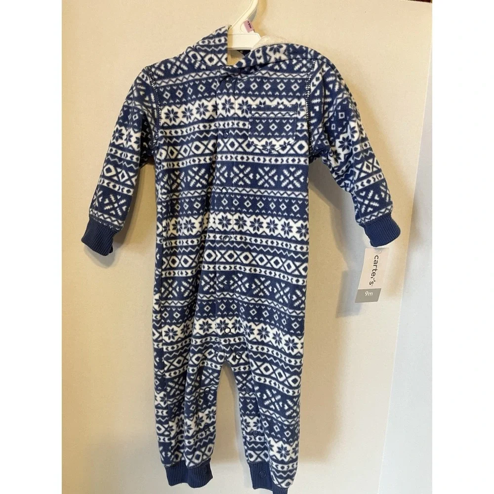 Carters Baby Boy Hooded Fleece Romper Pajamas‎ Snowflake Print 9 Month